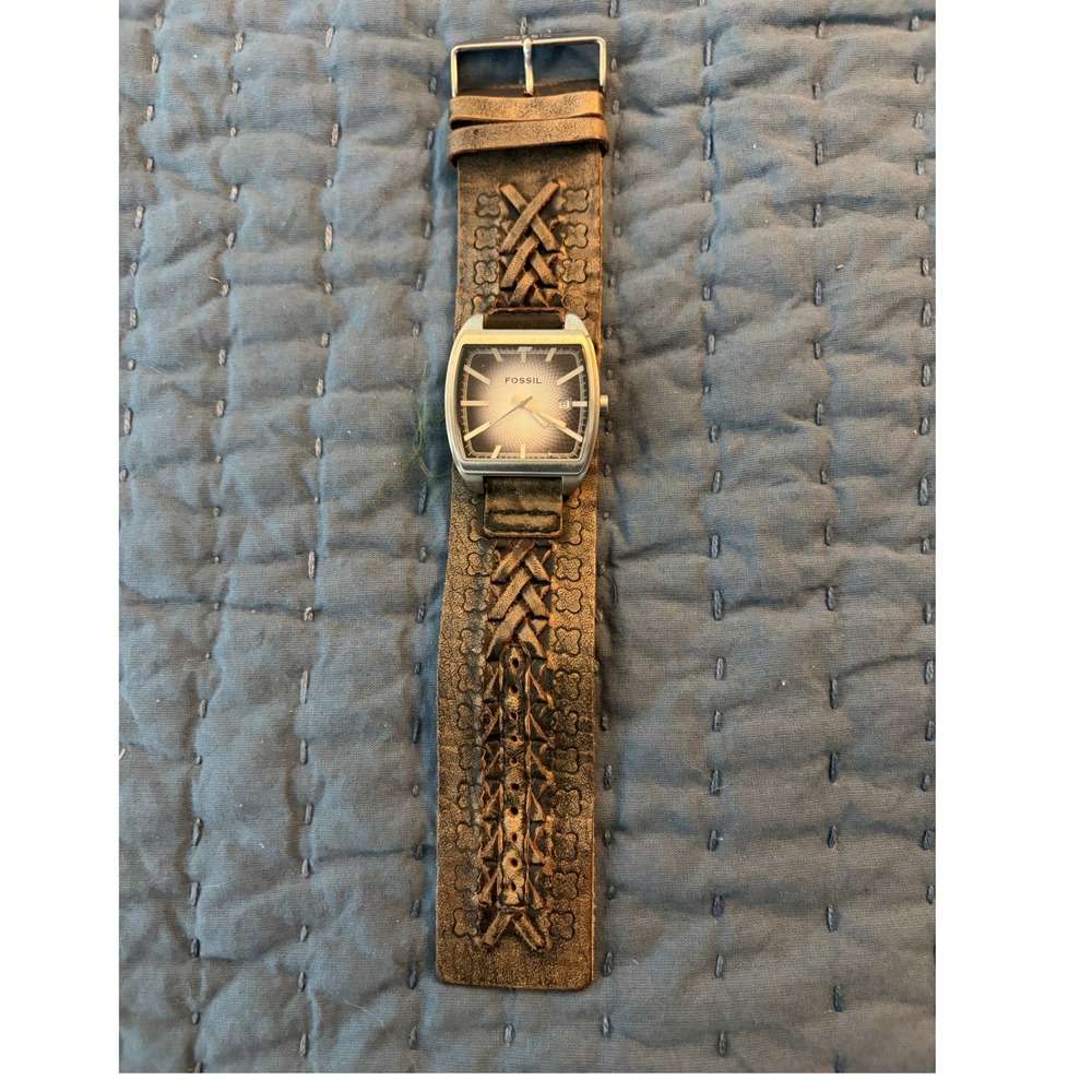 Fossil Mens Braided Leather Cuff Watch Square Face Brown Rustic Cowboy Western